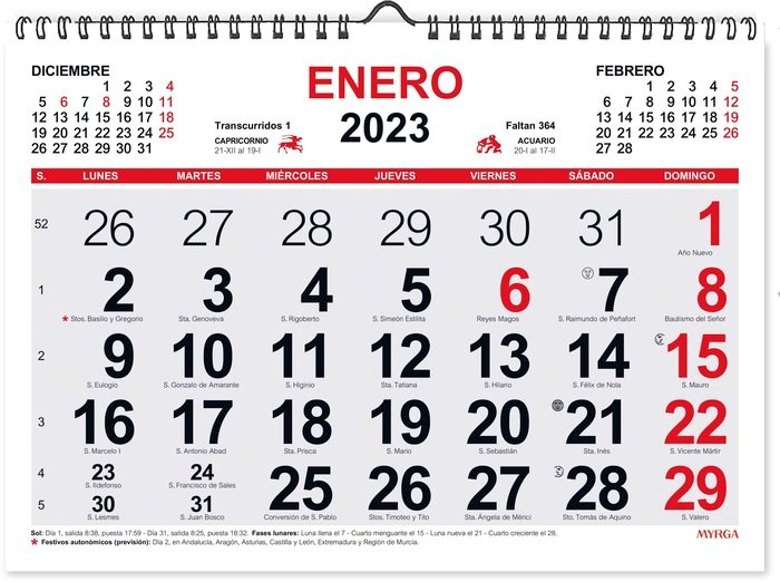 Calendario 2023 horizontal con espiral 27 x 16 cm 12 hs 17 ml